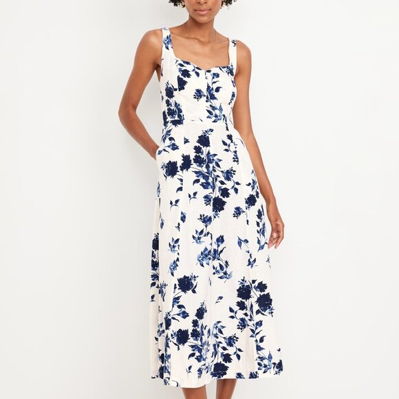 (NWT) Old Navy - blue floral linen blend fit & flare midi dress (large) - Picture 1 of 5